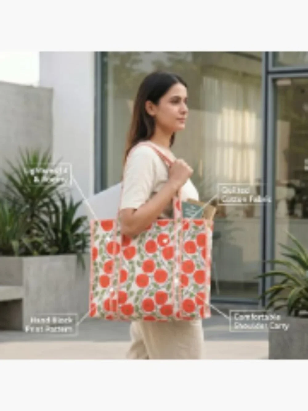100% Cotton Quilted Tote Bag for Women, Large Travel Beach Work Shoulder Tote